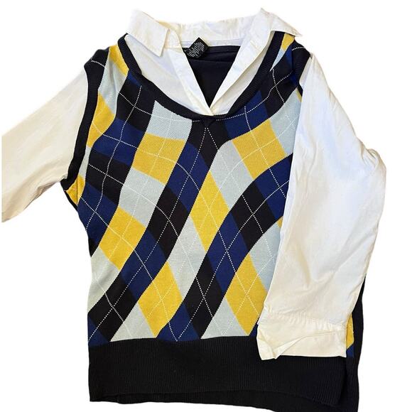 90s Vintage NY&Co Argyle Sweater Shirt Medium Faux Layered Y2K Preppy Academia - Picture 15 of 16